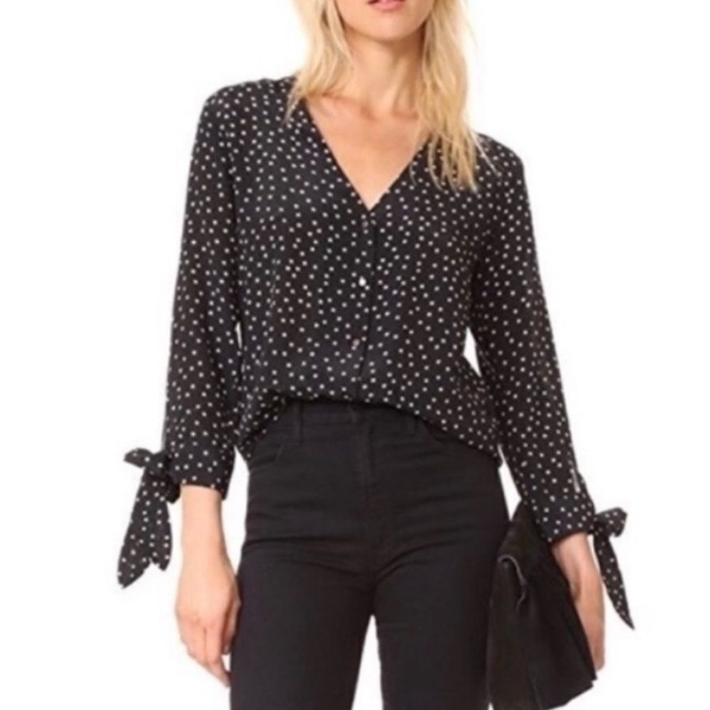 Madewell Black 100% silk Polka Dot V-Neck Tie-Sleeve Blouse extra small